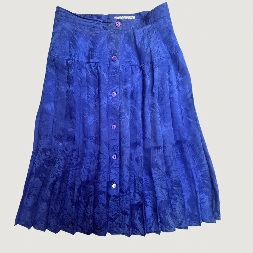 Vintage Argenti Silk Skirt 8 Cobalt Blue Jacquard Pleated Button Front Midi